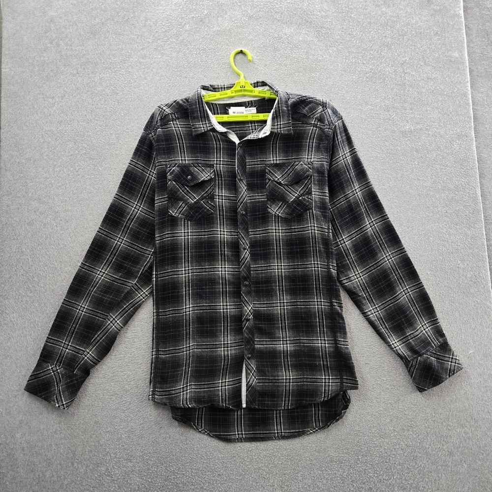 BKE Men Button Up Shirt 2X-LARGE Black Plaid Flannel Western Pearl Snap